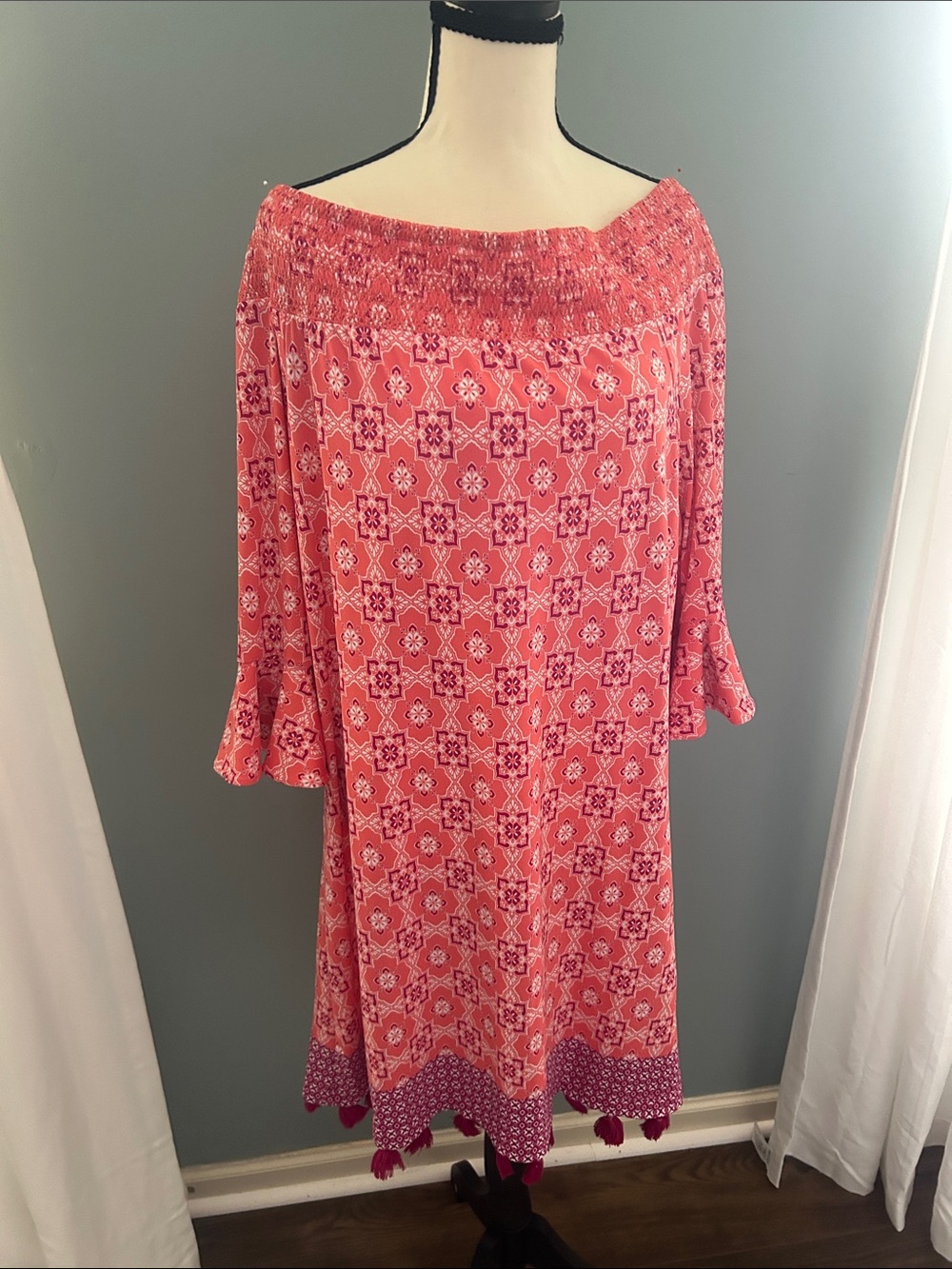 Cabana Life Coral Pink Geometric Off-Shoulder Dress